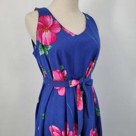Vintage Hilo Hattie Hawaiian Tropical Floral Midi Dress Sleeveless Ruffle Large - Picture 3 of 7